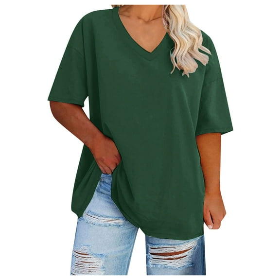 vigerkar Women's Oversized T Shirts V Neck Comfy Tees Summer Half Sleeve Casual Cozy Cotton Tunic Tops Plus Size Green, 4XL