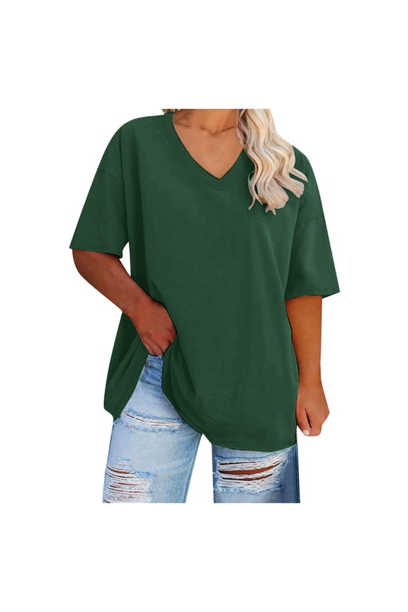 Women's Oversized T Shirts V Neck Comfy Tees Summer Half Sleeve Casual Cozy Cotton Tunic Tops Plus Size Green, 4XL