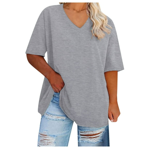 vigerkar Women's Oversized T Shirts V Neck Comfy Tees Summer Half Sleeve Casual Cozy Cotton Tunic Tops Plus Size Grey, 4XL