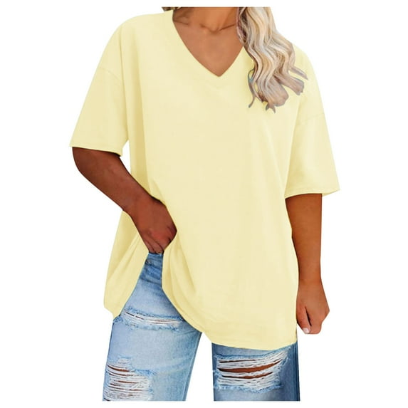 vigerkar Women's Oversized T Shirts V Neck Comfy Tees Summer Half Sleeve Casual Cozy Cotton Tunic Tops Plus Size Light Yellow, 3XL