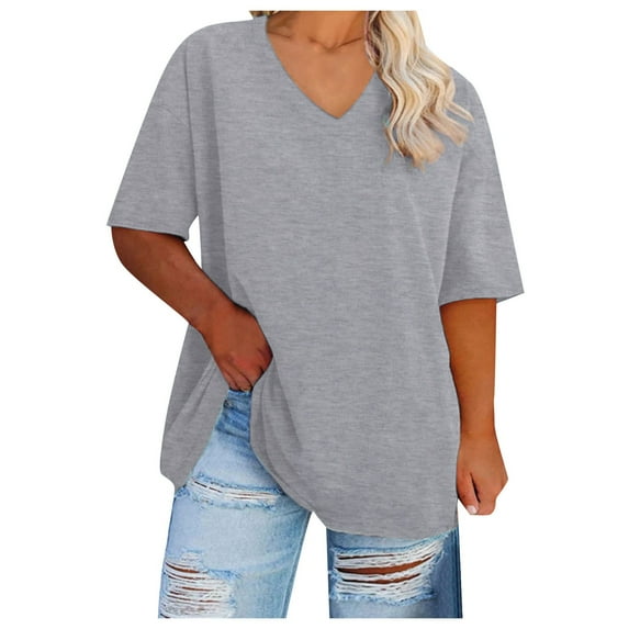 vigerkar Women's Oversized T Shirts V Neck Tees Summer Half Sleeve Casual Comfy Cozy Cotton Tunic Tops Plus Size 2025 Grey, 4XL