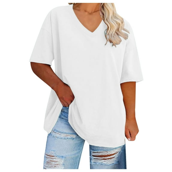 vigerkar Women's Oversized T Shirts V Neck Tees Summer Half Sleeve Casual Comfy Cozy Cotton Tunic Tops Plus Size 2025 White, 5XL