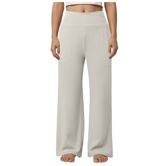 vigerkar Women's Palazzo Lounge Pants Stretchy Wide Leg Casual Pants Comfy High Waist Flowy Pants Beige, XL