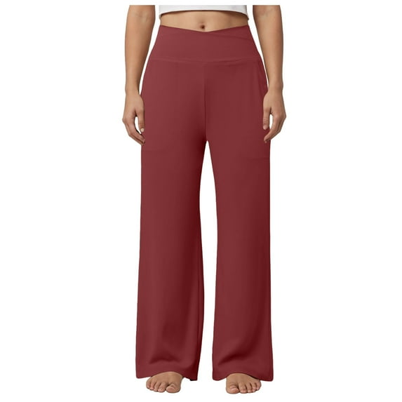 vigerkar Women's Palazzo Lounge Pants Stretchy Wide Leg Casual Pants Comfy High Waist Flowy Pants Brick Red, XL