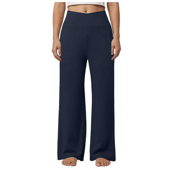 vigerkar Women's Palazzo Lounge Pants Stretchy Wide Leg Casual Pants Comfy High Waist Flowy Pants Dark Blue, L