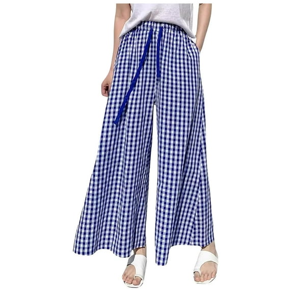 vigerkar Women's Plaid Wide Leg Culotte Pants Gingham High Elastic Waisted Cropped Palazzo Pants with Pockets Blue, L