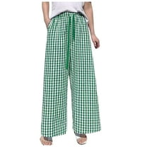 vigerkar Women's Plaid Wide Leg Culotte Pants Gingham High Elastic Waisted Cropped Palazzo Pants with Pockets Green, M