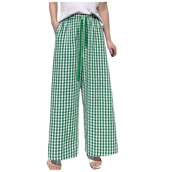 vigerkar Women's Plaid Wide Leg Culotte Pants Gingham High Elastic Waisted Cropped Palazzo Pants with Pockets Green, M