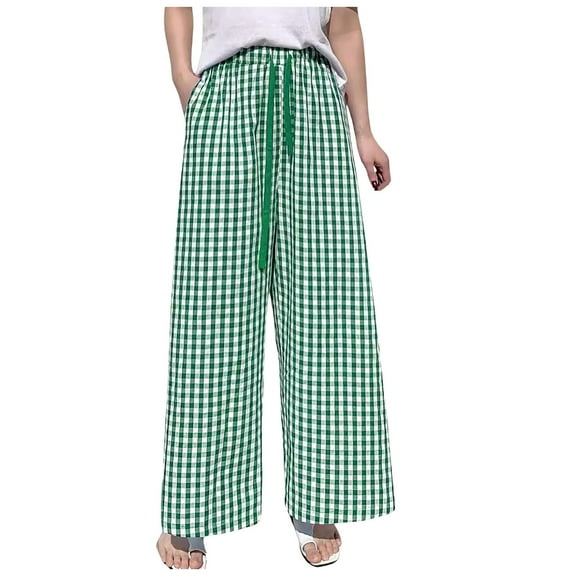 vigerkar Women's Plaid Wide Leg Culotte Pants Gingham High Elastic Waisted Cropped Palazzo Pants with Pockets Green, M