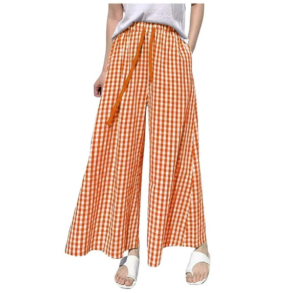 vigerkar Women's Plaid Wide Leg Culotte Pants Gingham High Elastic Waisted Cropped Palazzo Pants with Pockets Orange, L