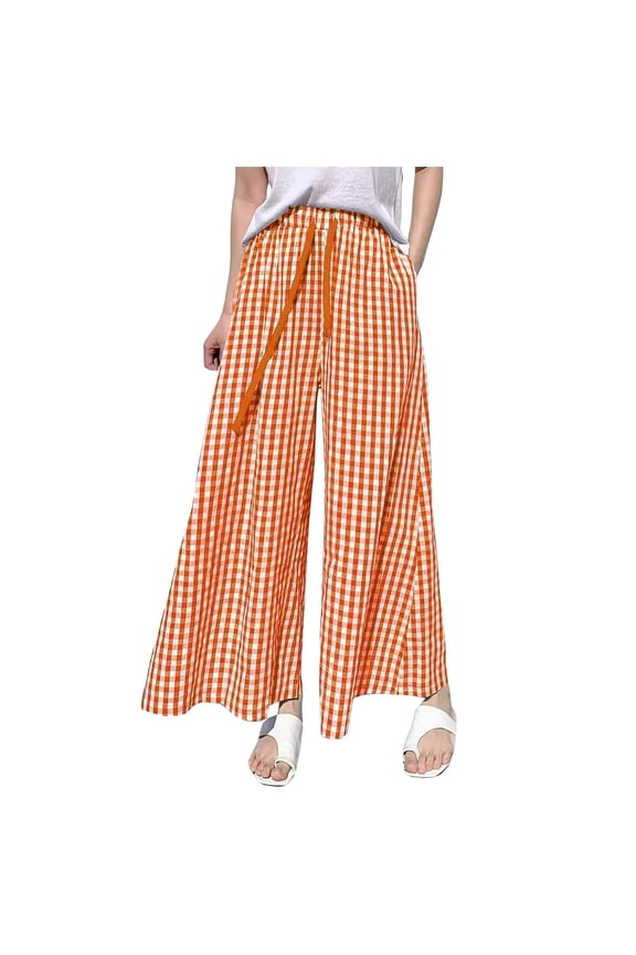 Women's Plaid Wide Leg Culotte Pants Gingham High Elastic Waisted Cropped Palazzo Pants with Pockets Orange, L