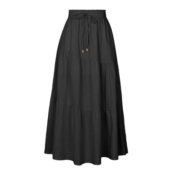 vigerkar Women’s Pleated A-Line Skirt Summer Elastic High Waisted Tiered Casual Long Skirts 2025 Black, S