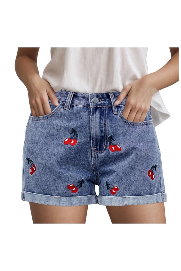 Women's Plus Size Cherry Embroidery Wide Leg Denim Shorts High Waist Rolled Hem Shorts (Blue, M)