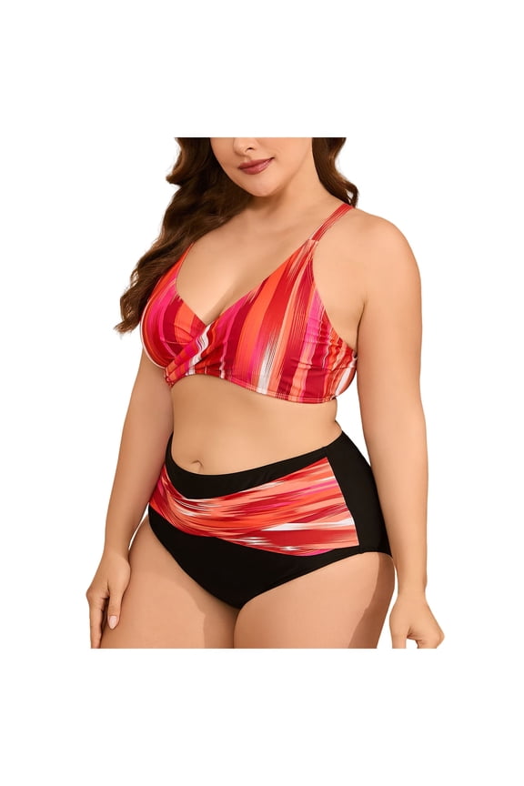 Women's Plus Size High Waisted Bikini Sets Two Pieces Fishnet Swimsuit Athletic Bathing Suit 2026 Swimwear (Watermelon Red, 2XL)