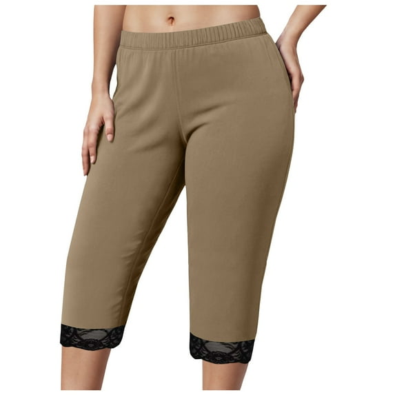 vigerkar Women's Plus Size Lace Trim Capri Leggings Stretch Crop Leggings Summer Tights Pants Khaki, XXL