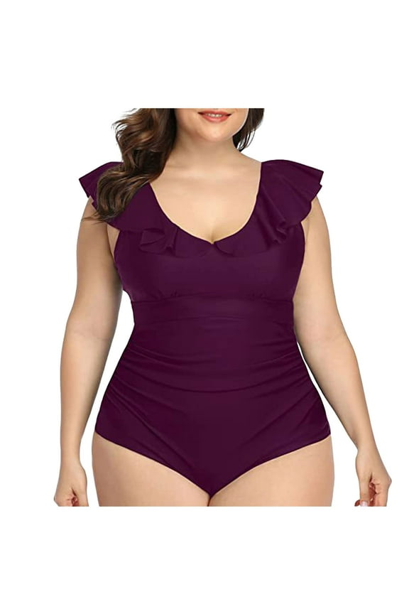 Women's Plus Size One Piece Swimsuit Tummy Control Bathing Suit Cute V Neck Maternity Swimwear Purple, XXL
