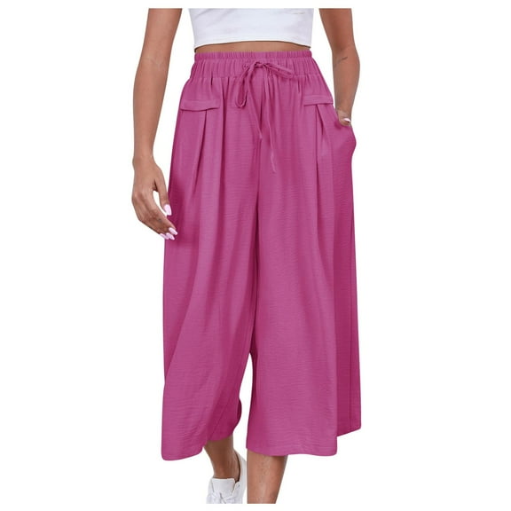 vigerkar Women's Plus Size Wide Leg Pants Summer Stretchy Drawstring Waist Comfortable Fit Casual Capri Pants with Pockets Hot Pink, XL