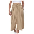 thumbnail image 1 of vigerkar Women's Plus Size Wide Leg Pants Summer Stretchy Drawstring Waist Comfortable Fit Casual Capri Pants with Pockets Khaki, XL, 1 of 7