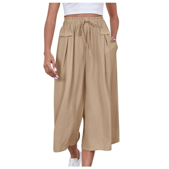 vigerkar Women's Plus Size Wide Leg Pants Summer Stretchy Drawstring Waist Comfortable Fit Casual Capri Pants with Pockets Khaki, XL