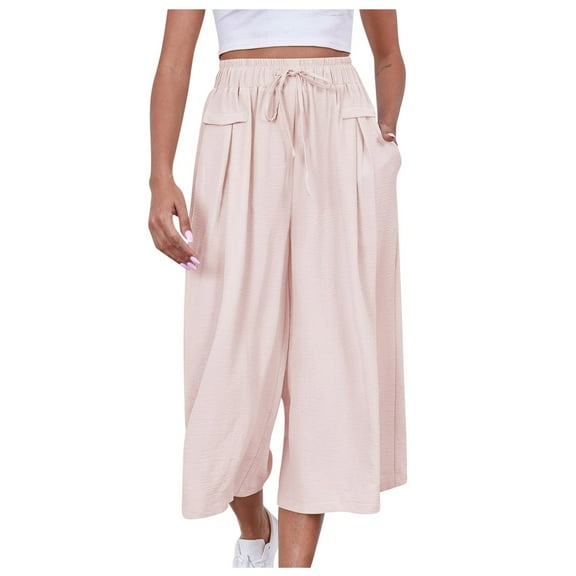 vigerkar Women's Plus Size Wide Leg Pants Summer Stretchy Drawstring Waist Comfortable Fit Casual Capri Pants with Pockets Light Pink, L