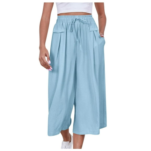 vigerkar Women's Plus Size Wide Leg Pants Summer Stretchy Drawstring Waist Comfortable Fit Casual Capri Pants with Pockets Sky Blue, M