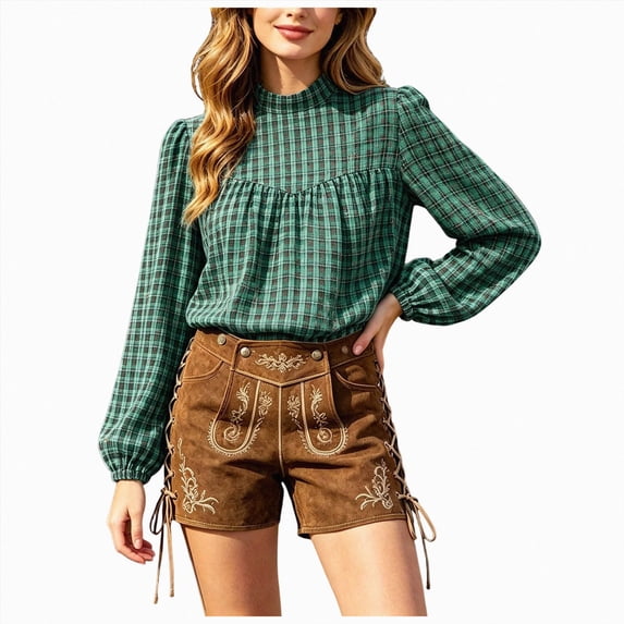 vigerkar Women's Puff Long Sleeve Flowy Gingham Tops | Neck Blouses,Going Out Tops,Bussiness Casual,Dressy,Plaid Shirts,2026 tops (Green, XL)