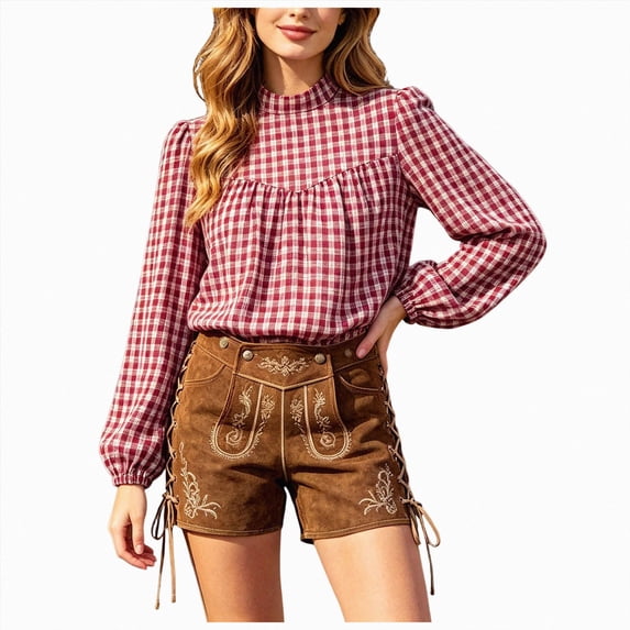 vigerkar Women's Puff Long Sleeve Flowy Gingham Tops | Neck Blouses,Going Out Tops,Bussiness Casual,Dressy,Plaid Shirts,2026 tops (Red, XXL)