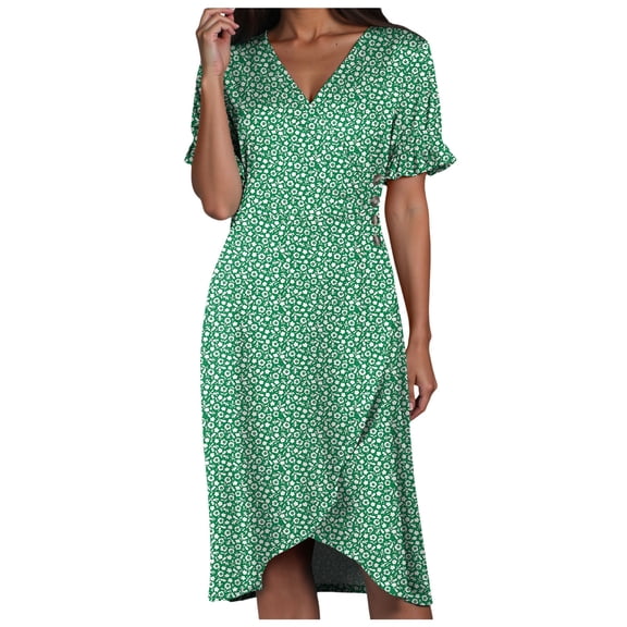 vigerkar Women's Relaxed Fit Short Sleeve Waisted Midi Flowy A-Line Boho Beach Dress Light Green, M