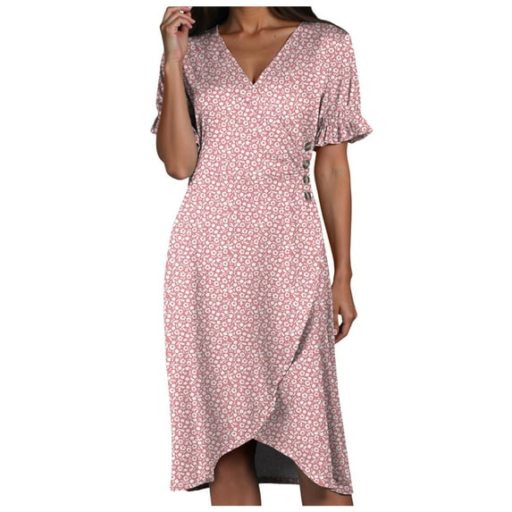 vigerkar Women's Relaxed Fit Short Sleeve Waisted Midi Flowy A-Line Boho Beach Dress Pink, S
