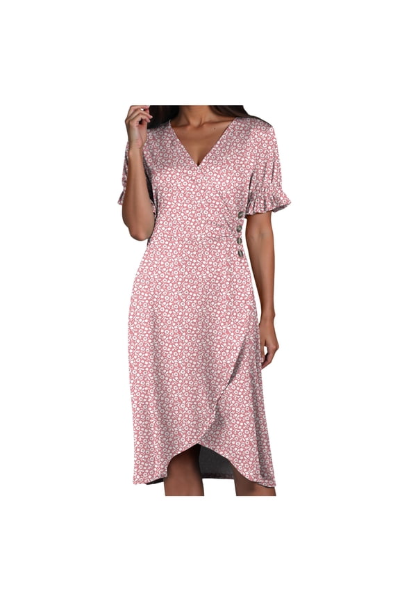 Women's Relaxed Fit Short Sleeve Waisted Midi Flowy A-Line Boho Beach Dress Pink, XXL