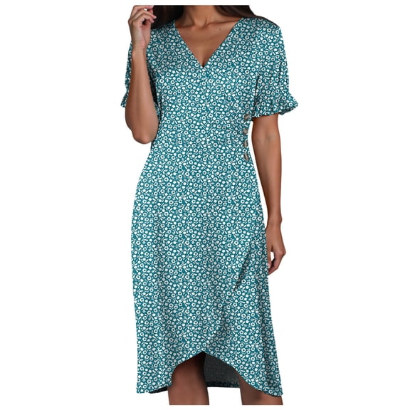 vigerkar Women's Relaxed Fit Short Sleeve Waisted Midi Flowy A-Line Boho Beach Dress Sky Blue, M