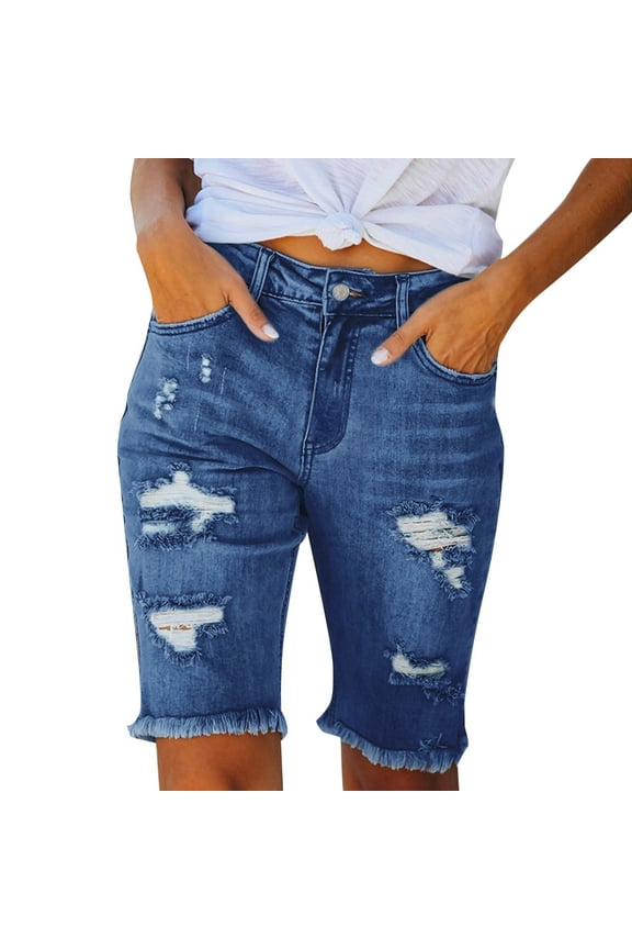 Women's Ripped Mid-Rise Denim Bermuda Shorts Frayed Raw Hem Stretch Jean Shorts Blue, L