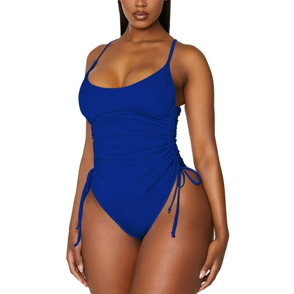 vigerkar Women's Ruched High Cut One Piece Swimsuit Tummy Control Bathing Suit Monokini Blue, XXL