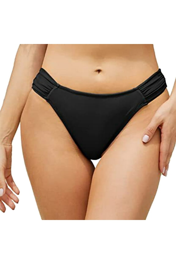Women's Side Tie Bikini Bottom - Mid Rise Adjustable Swimwear High-Waisted Beach Panties Black, M