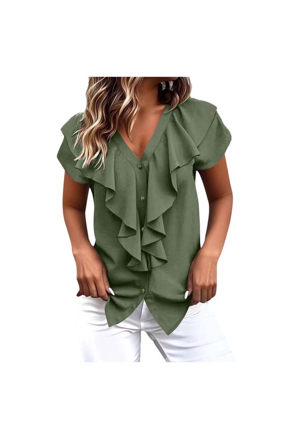 Women's Ruffle V Neck Blouse Short Sleeve Button Down Solid Casual Dressy Work Tops (AG, XXL)