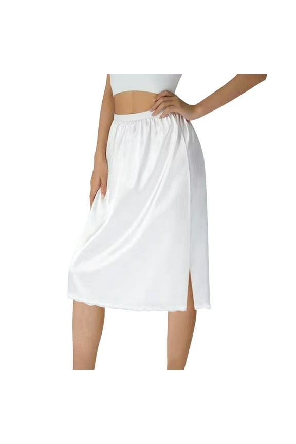 Women's Satin Half Slip Under Slip Long Underskirt Half Slips for Under Dresses Slip Side Slit Skirt White, M