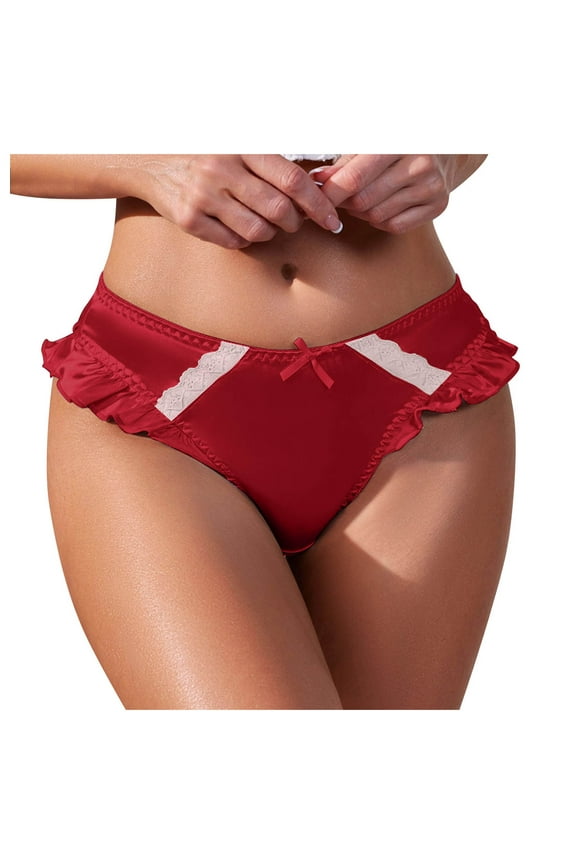 Women's Satin Silk Panties Low Rise Frilly Trim Underwear Cute Soft Stretch Briefs (Wine, XL)
