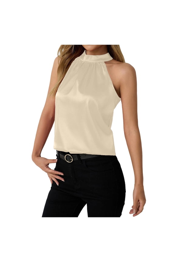 Women's Satin Tank Tops Dressy Casual Mock Neck Sleeveless Work Blouse Shirt (Beige, L)