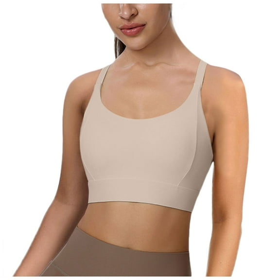 vigerkar Women's Scoop Neck Sports Bra Thin Strap Padded Yoga Bra Wireless Workout Crop Top Underwear Beige, L