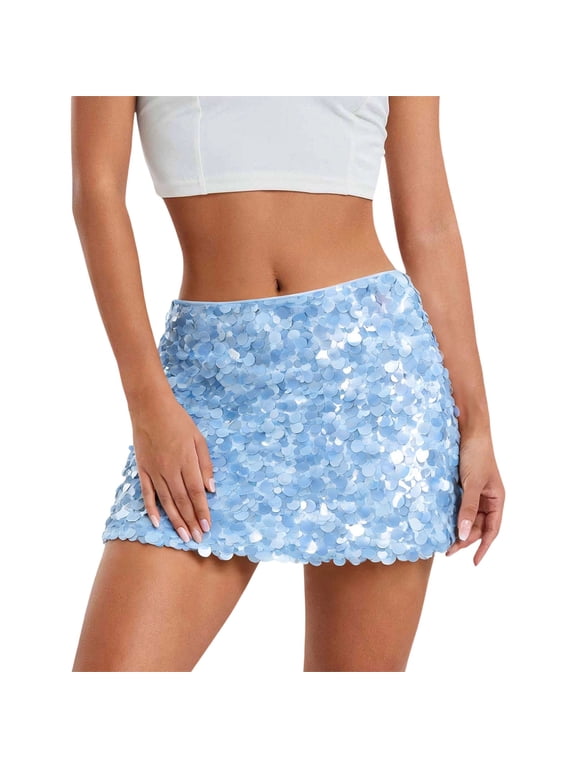 Women's Sequin Mini Skirt Sparkly Glitter Stretchy Bodycon Club Party Night Out Skirts (Blue, XS)