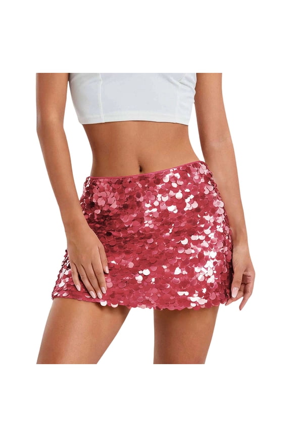Women's Sequin Mini Skirt Sparkly Glitter Stretchy Bodycon Club Party Night Out Skirts (Red, L)