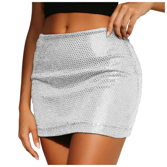 vigerkar Women's Sequin Skirt Metallic Glitter Skirt Elastic Waist Sparkly Club Bodycon Mini Skirt (Light Gray, L)