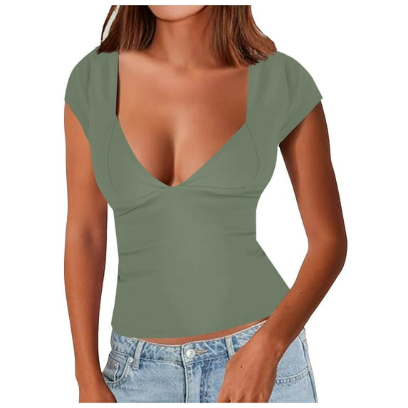 vigerkar Women's Sexy Backless Crop Tank Tops Deep V Neck Short Sleeve T-Shirts Slim Fit Y2K Tops Open Back Cami Tops AG, S