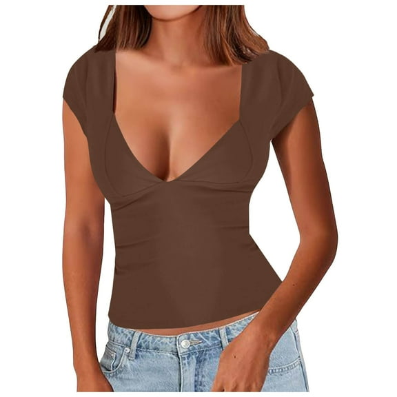 vigerkar Women's Sexy Backless Crop Tank Tops Deep V Neck Short Sleeve T-Shirts Slim Fit Y2K Tops Open Back Cami Tops Coffee, XL