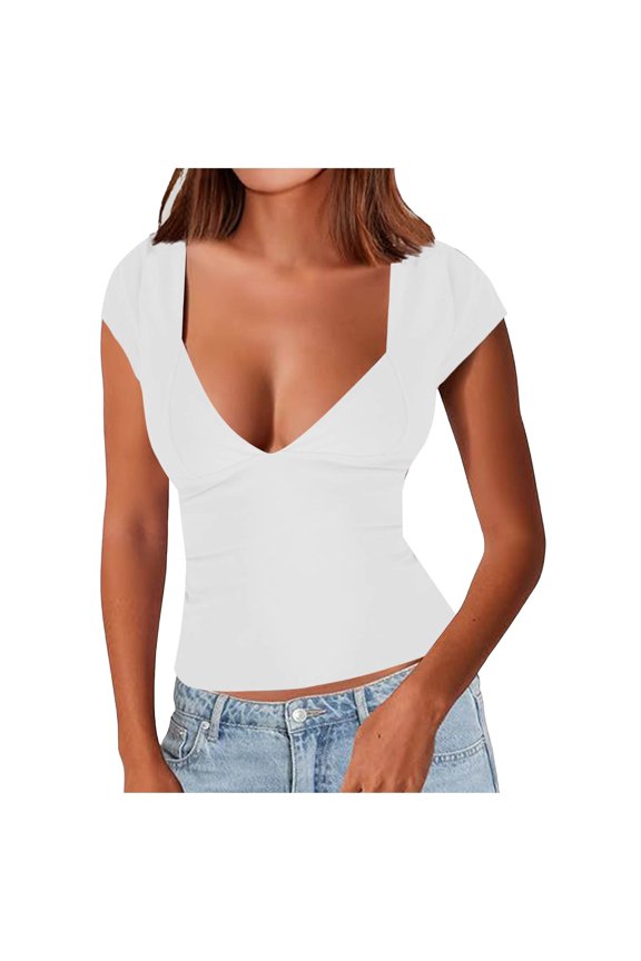 Women's Sexy Backless Crop Tank Tops Deep V Neck Short Sleeve T-Shirts Slim Fit Y2K Tops Open Back Cami Tops White, M