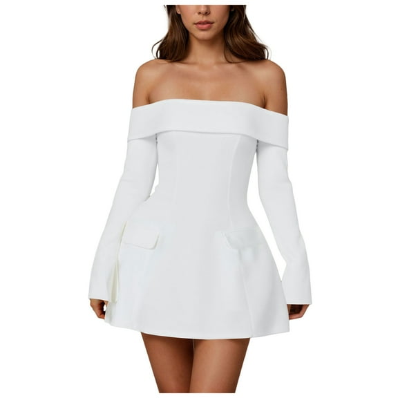 vigerkar Women's Sexy Bodycon Off The Shoulder Mesh Long Sleeve Elegant Cocktail Party Mini Dresses White, L