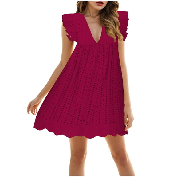 vigerkar Women's Sexy Summer V Neck Dress with Short Loose Ruffle Sleeve Dress Red, 3XL