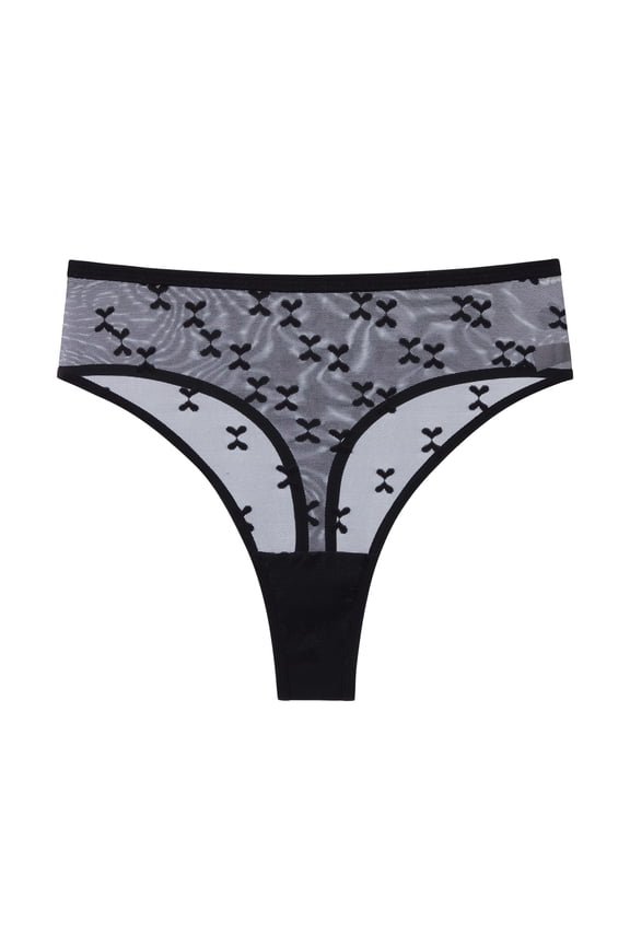 Women's Sheer Mesh Panties Sexy Cutout Bow Thongs See Through Panties Underwear (Black, L)