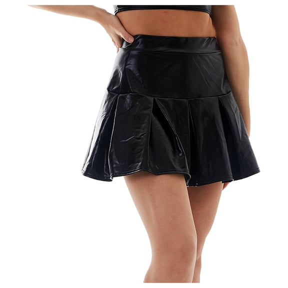 vigerkar Women's Shiny Flared Pleated Y2k Outfit Mini Glitter Skater Skirt (Black, L)