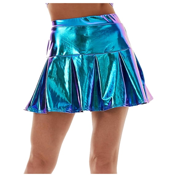 vigerkar Women's Shiny Flared Pleated Y2k Outfit Mini Glitter Skater Skirt (Blue, XL)